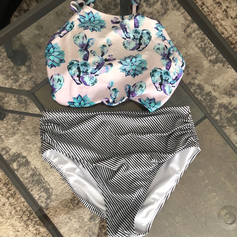 Floral and Striped Bikini Set